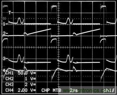 圖1電路所示的開關(guān)波形。（通道1是T1（即引腳12）的初級(jí)開關(guān)電壓；2號(hào)通道是進(jìn)入Q1漏極的初級(jí)開關(guān)電路（10A/格）；通道3是T1（即引腳2）的次級(jí)開關(guān)電壓（200V/格）；4號(hào)通道是R3兩端的電壓）