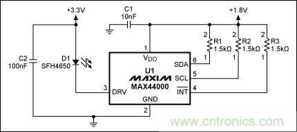 圖2：MAX44000典型電路，帶有發(fā)射器旁路