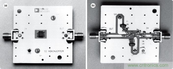圖14. AD8001AR評估板&mdash;俯視圖(a)和仰視圖(b)。