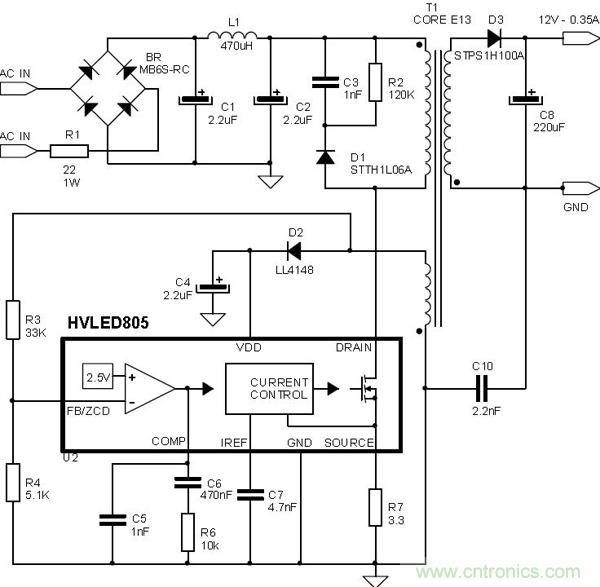 首個最簡單、器件最少的LED驅動電路設計