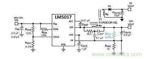 基于 LM5017 的 Fly-Buck 轉(zhuǎn)換器電路，沒有基于光耦合器的穩(wěn)壓電路